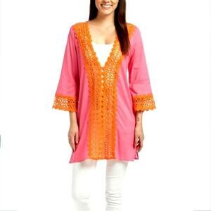 MudPie Women Pink Orange Tunic Top Cover Up L Crochet Lace Boho Beach Swim